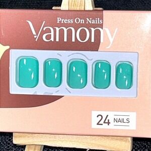 Vamony Teal Green Press On Nails Short Glossy Solid Color 24 Piece Everyday Set